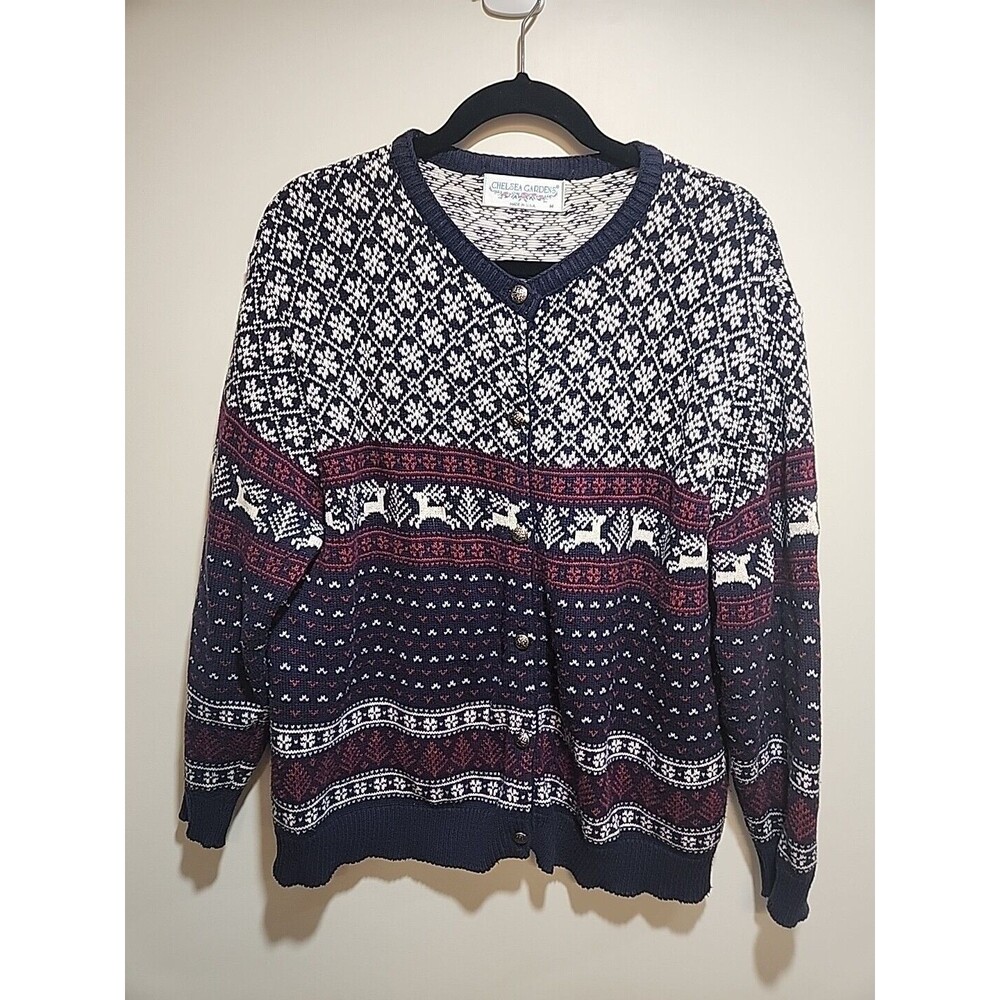 Vintage CHELSEA GARDENS Fair Isle Nordic Button Up Sweater Cardigan Womens Sz M
